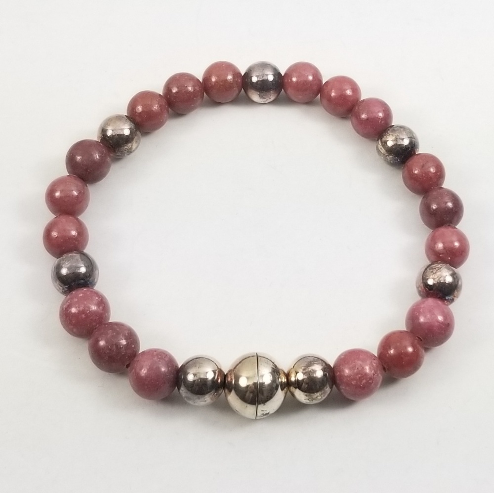 Sterling Rhodonite Bead Bracelet w/Magnetic Clasp